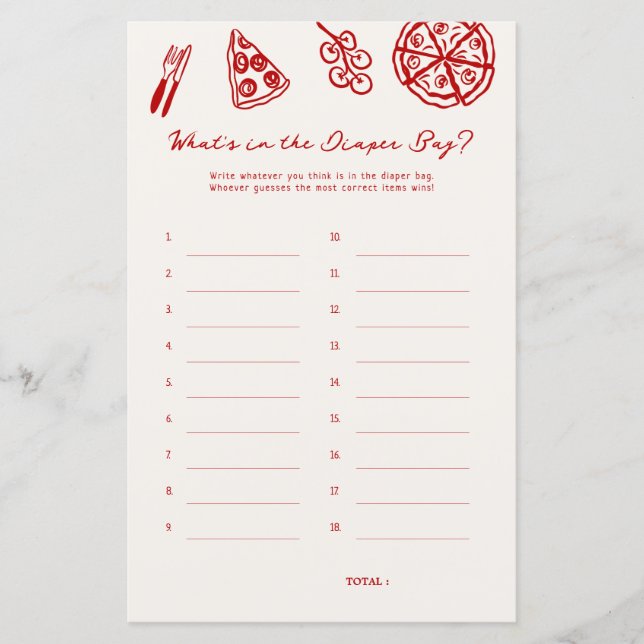 Diaper Bag Pizza Baby Shower Games (Framsida)