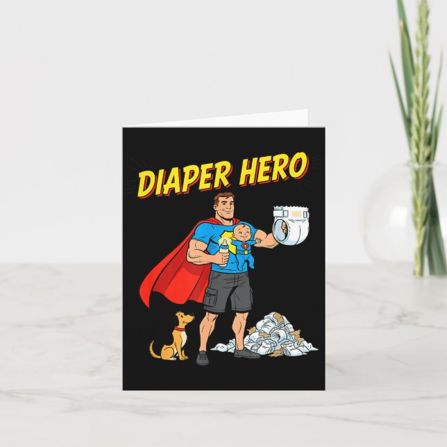 Diaper Hero Funny Cartoon Dad Design For New Fathe Kort (Framsida)