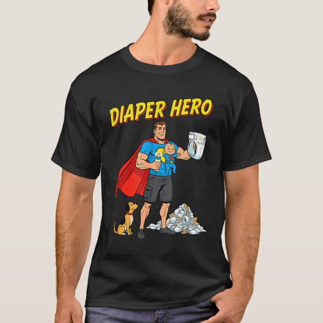 Diaper Hero Funny Cartoon Dad Design For New Fathe T Shirt (Framsida)
