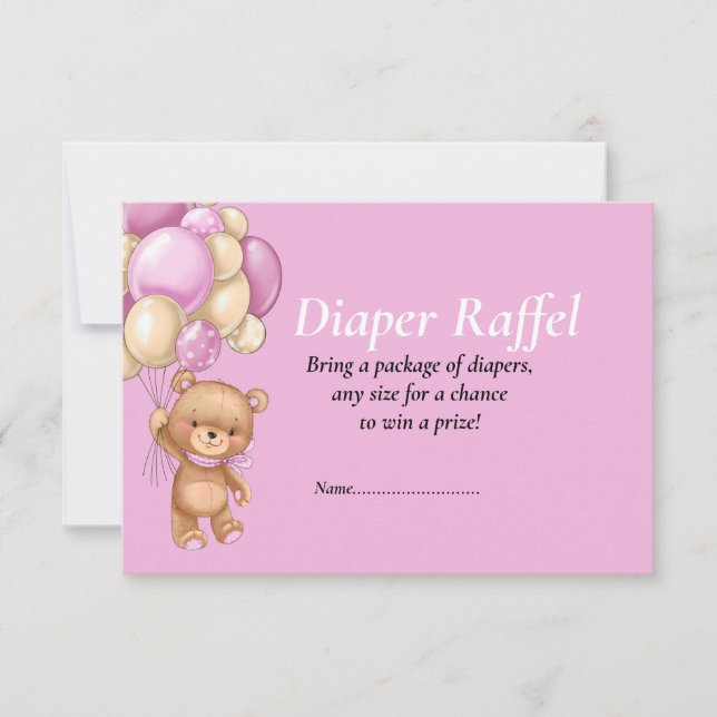 Diaper Raffel, Baby Shower Girl Teddy Balloons Inbjudningar (Framsida)