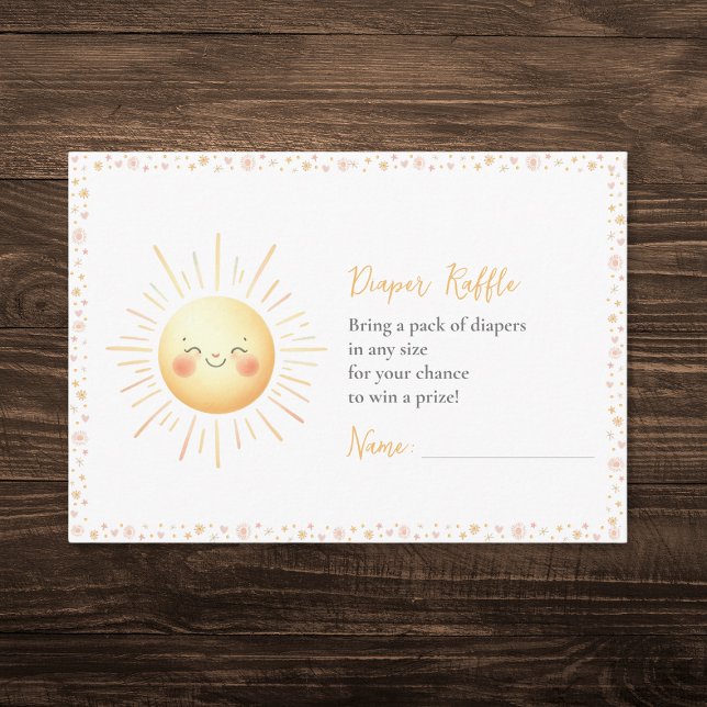 Diaper Raffle Baby Shower, behandlat med kute och  Tilläggskort (Adorable diaper raffle card featuring a cute smiling sun for a here comes the son baby shower.)