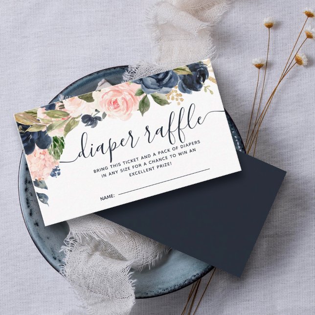 Diaper Raffle Baby Shower Rosa Navy Blue Blommigt Tilläggskort (A diaper raffle is in addition to a gift, guests bring a pack of diapers to enter to win a prize.)