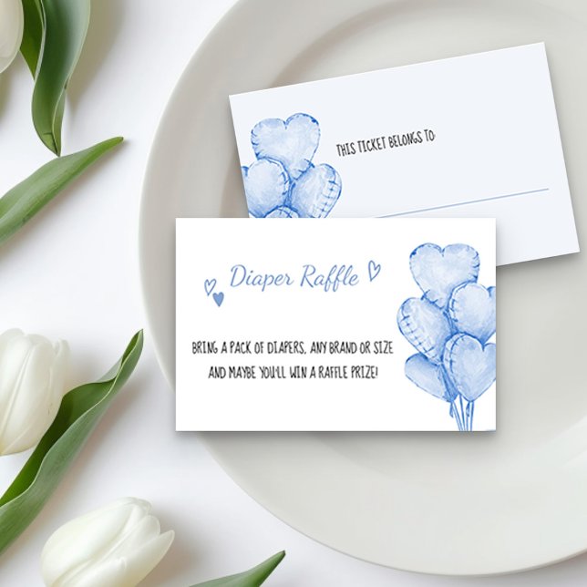 Diaper Raffle Biljett med Blue Heart Balloations Tilläggskort (Diaper Raffle Tickets from the little sweetheart themed Car and Balloons collection by Darling & May)