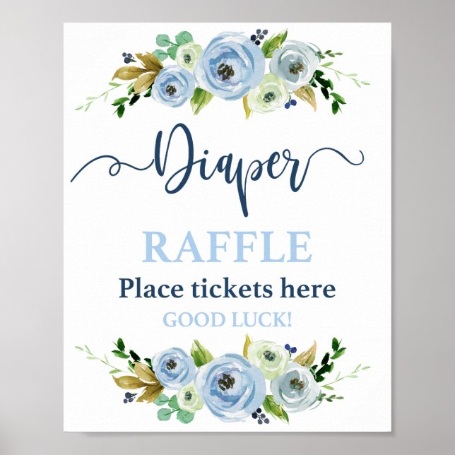 Diaper Raffle Blue blommigt Sign Poster (Framsidan)