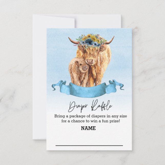 Diaper Raffle Blue Boy Highland Cow Baby Shower Inbjudningar (Framsida)