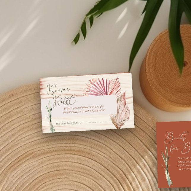 Diaper Raffle Boho Handflatan, torkad babystövel f Tilläggskort (Diaper Raffle enclosure card in terracotta with boho palm leaves)