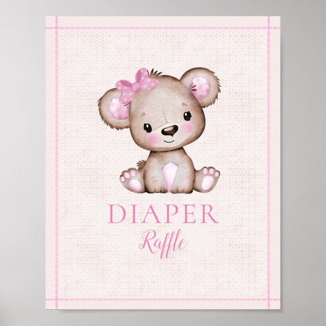 Diaper Raffle Bord Cute Girl Bear Baby Shower Poster (Framsidan)