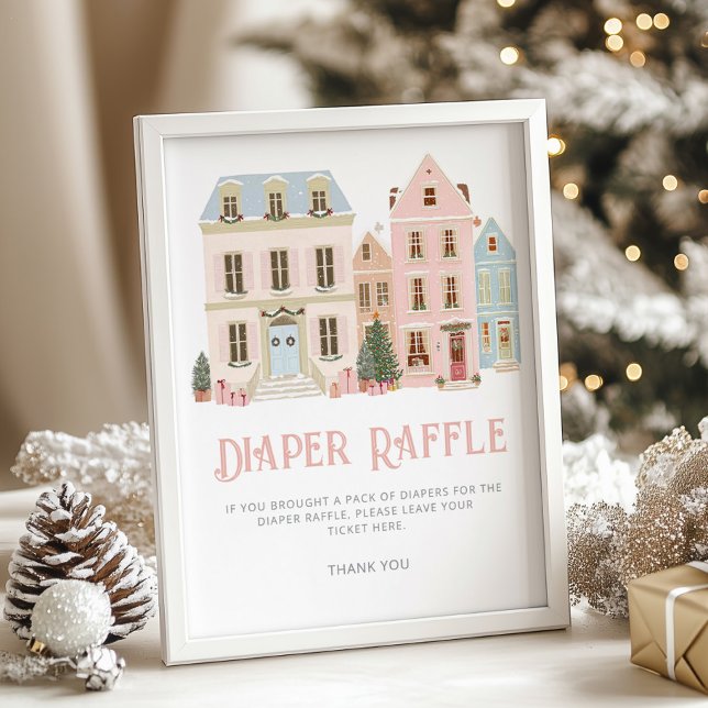 Diaper raffle Christmas village Pink Baby Shower Poster (Skapare uppladdad)