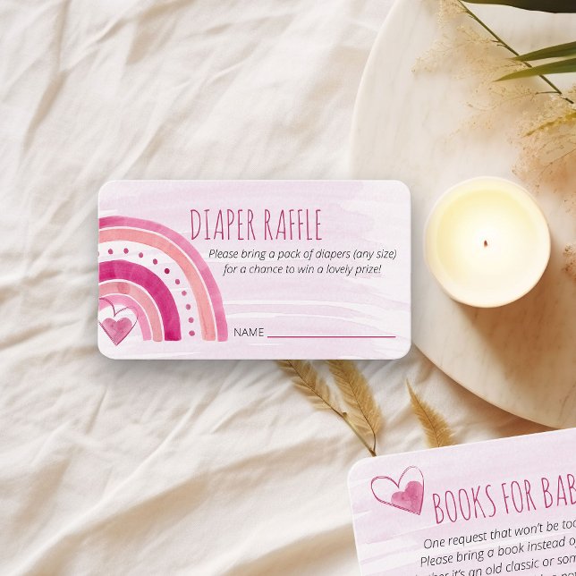 Diaper Raffle Dikt Rosa Rainbow Baby Shower Tilläggskort (Diaper Raffle ticket insert card with pink rainbow)