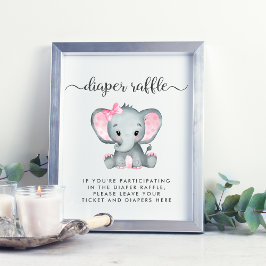 Diaper Raffle Drop off Elephant Girl Baby Shower Poster