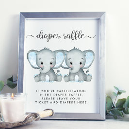 Diaper Raffle Elephant Twin Pojke Shower Poster