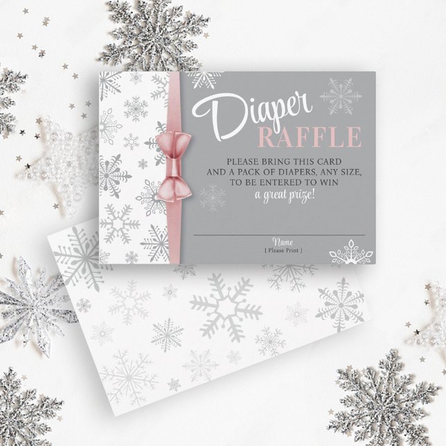 Diaper Raffle Flicka Rosa Grått  Snowflake Winter Tilläggskort (Baby It's Cold Outside, Snow Excited, Snowflake Winter Pink Gray Baby Girl Shower Diaper Raffle card)