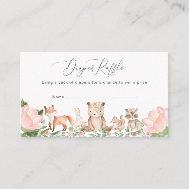 Diaper Raffle Girl Woodland Animals Baby Shower en Tilläggskort (Framsida)