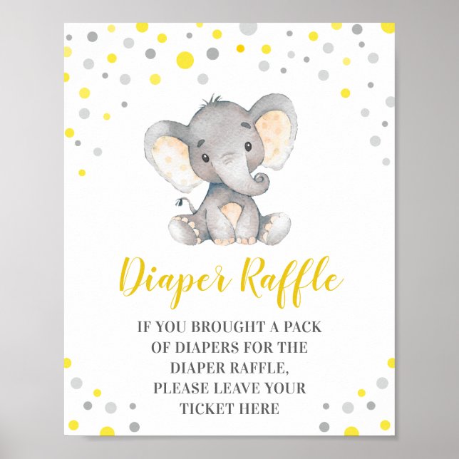 Diaper Raffle Gult Dots Elephant Baby Shower Poster (Framsidan)