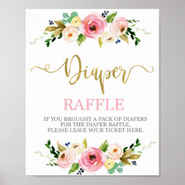 Diaper Raffle rosa and guld blommigt Sign Poster