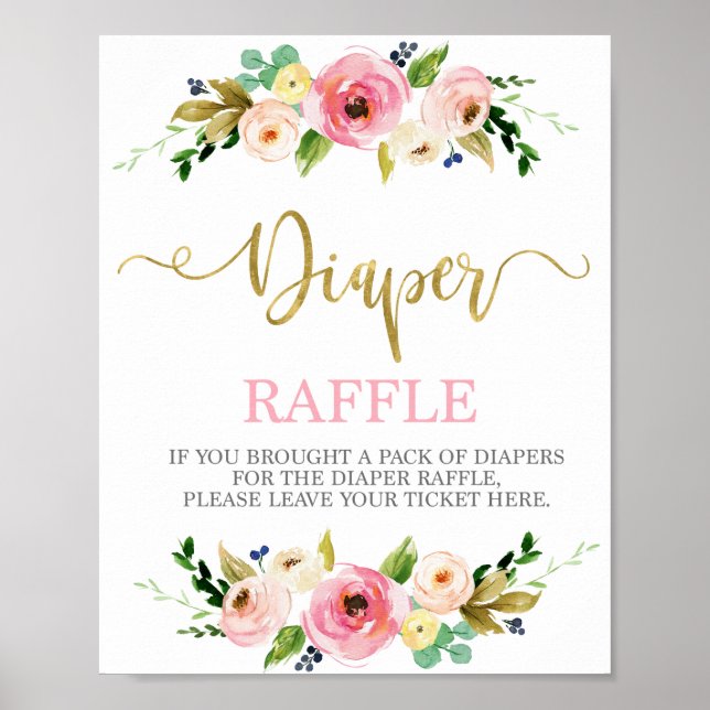 Diaper Raffle rosa and guld blommigt Sign Poster (Framsidan)