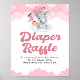 Diaper Raffle Rosa Elephant Girl Baby Shower Sign Poster
