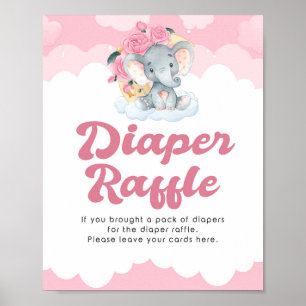 Diaper Raffle Rosa Elephant Girl Baby Shower Sign Poster