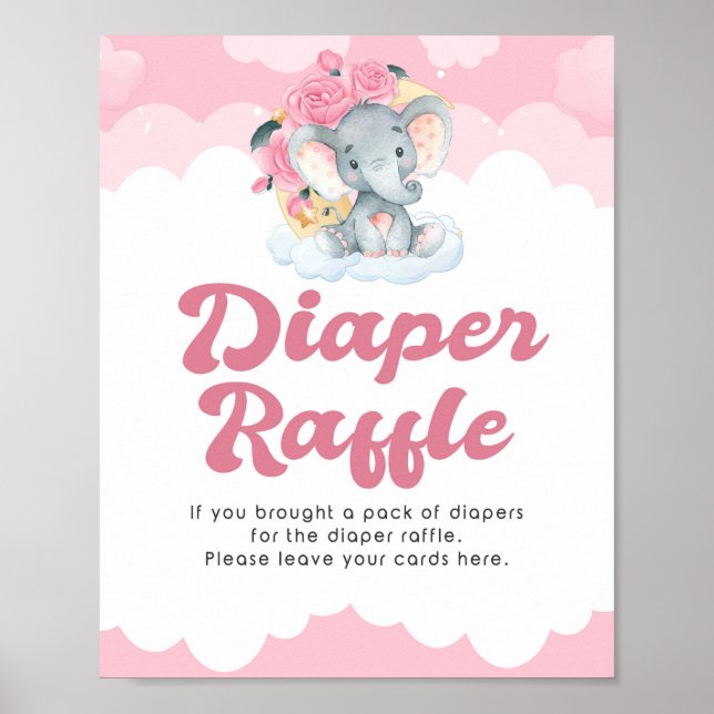 Diaper Raffle Rosa Elephant Girl Baby Shower Sign Poster (Framsidan)
