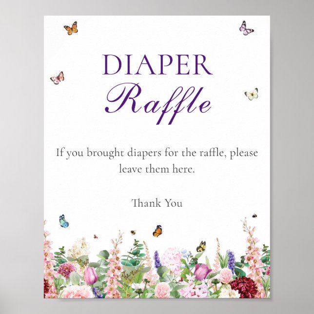 Diaper Raffle | Rosa Lila blommor & Butterflies Poster (Framsidan)