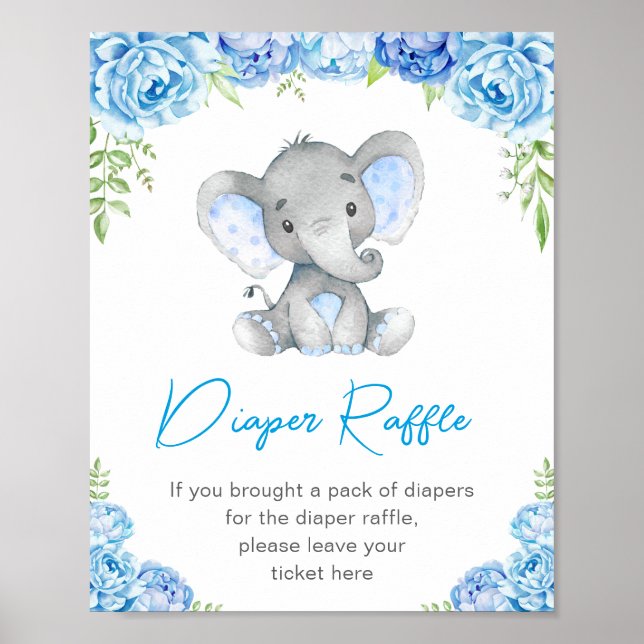 Diaper Raffle Sign Blue Elephant Pojke Shower Poster (Framsidan)