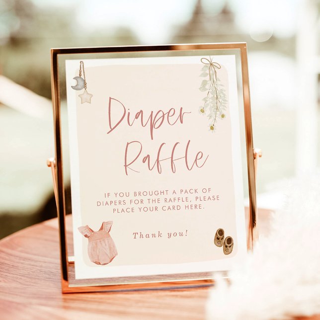 Diaper Raffle Sign, Boho Rosa Girl Baby Shower Poster (Skapare uppladdad)