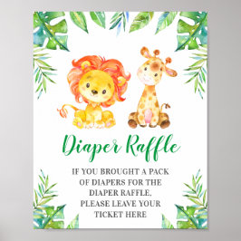 Diaper Raffle Sign Grönt Jungle Safari Baby Shower Poster