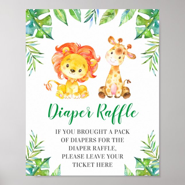 Diaper Raffle Sign Grönt Jungle Safari Baby Shower Poster (Framsidan)
