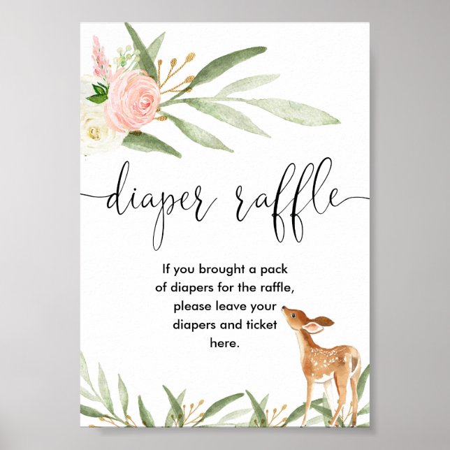Diaper raffle Sign hjort rosa greenery guld Poster (Framsidan)