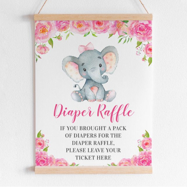 Diaper Raffle Sign Rosa Elephant Flicka Shower Poster (Skapare uppladdad)