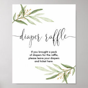 Diaper raffle-skylt babydusch Greenery guld Poster