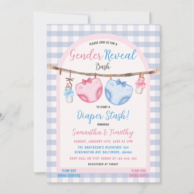 Diaper Stash Boy eller Girl Gingham Gender Reveal Inbjudningar (Framsida)