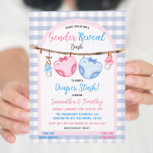 Diaper Stash Boy eller Girl Gingham Gender Reveal Inbjudningar