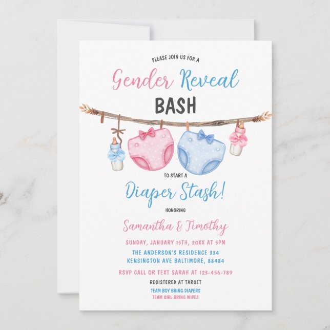 Diaper Stash Clothesline Han eller hon Gender Reve Inbjudningar (Framsida)