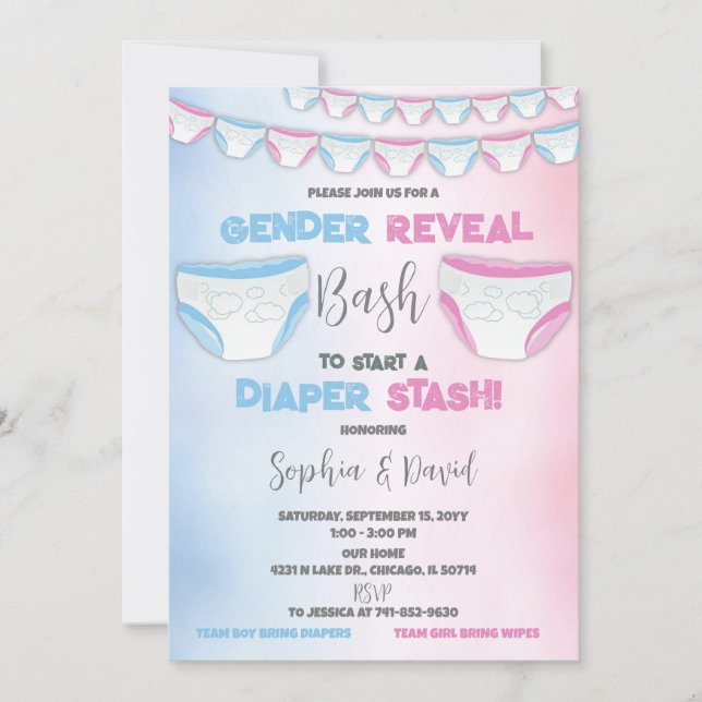 Diaper Stash Gender Reveal Diaper Party Inbjudningar (Framsida)