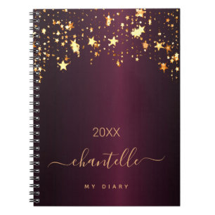 Diary burgundy guld stjärnorna monogram namn moder anteckningsbok