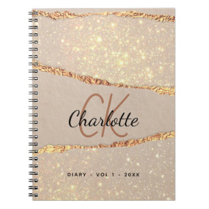 Diary ro guld glitter agate marble monogram anteckningsbok