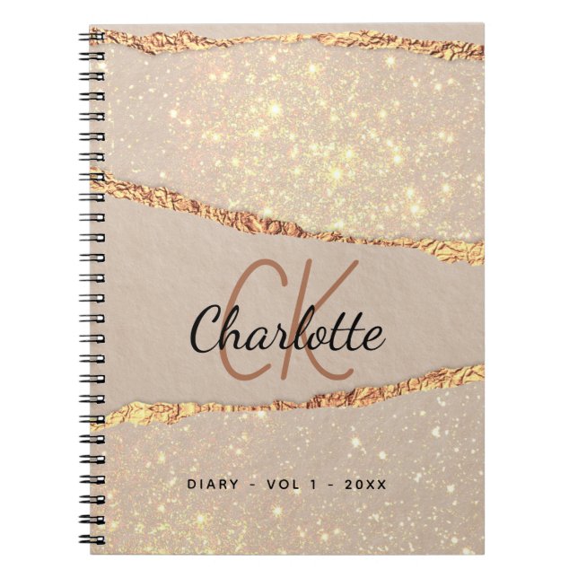 Diary ro guld glitter agate marble monogram anteckningsbok (Framsidan)