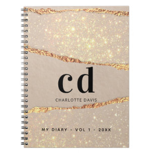Diary ro guld glitter agate marble monogram note anteckningsbok