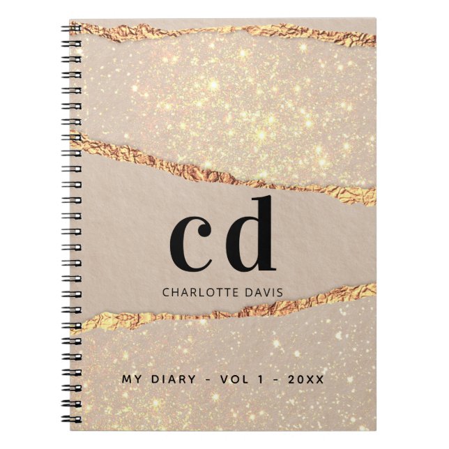 Diary ro guld glitter agate marble monogram note anteckningsbok (Framsidan)