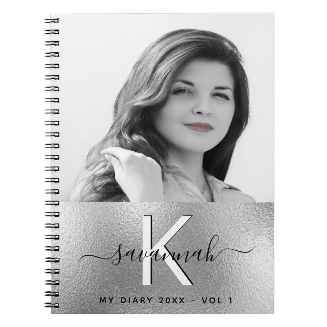 Diary silver anpassningsbar fotoscript monogram anteckningsbok (Framsidan)