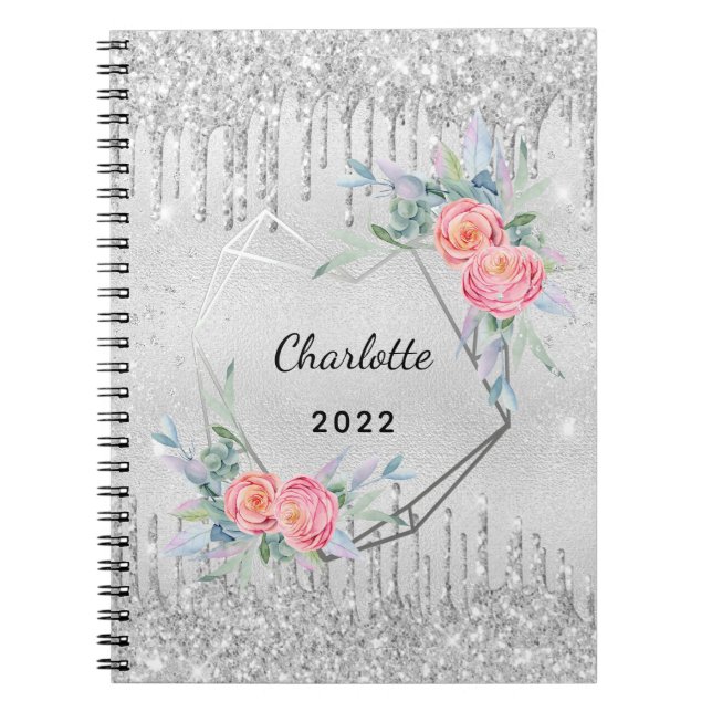 Diary silver blommigt glitter  rosa namn anteckningsbok (Framsidan)