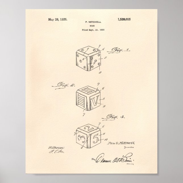 Dice 1925 Patent Art Old Peper Poster (Framsidan)