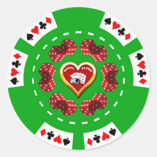 DICE OCH ROYAL FLUSH POKER CHIP RUNT KLISTERMÄRKE