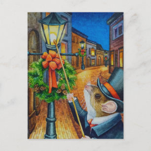 Dickens jul - Lamplighter Mouse Watercolor Art Vykort