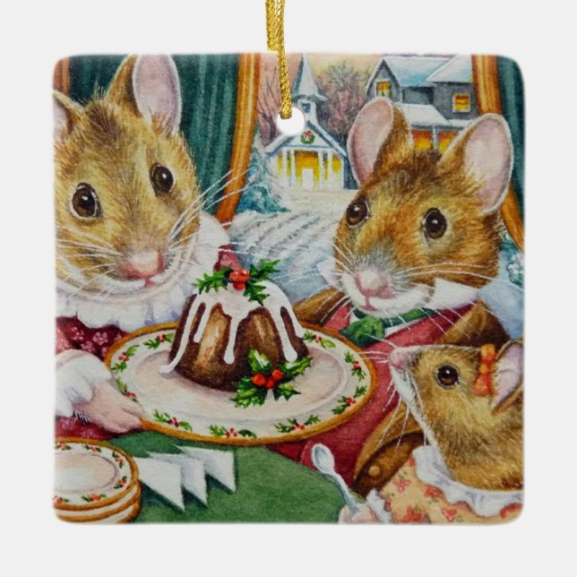Dickens jul Mice Plum Pudding Watercolor Art Julgransprydnad Keramik (Framsida)