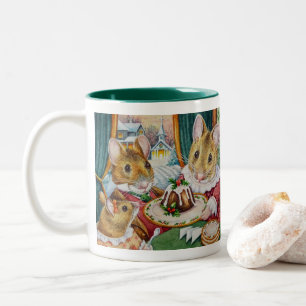 Dickens jul Mice Plum Pudding Watercolor Art Två-Tonad Mugg