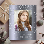 Didiamantinbjudan Photo Surprise Birthday silver Vykort<br><div class="desc">En inbjudan till en överraskande födelsedagsfest. Mall för ditt eget foto. Framtill: Vit textövertäckning: Shhh! Det är en överraskning. Texten är skriven med ett modernt handskript i stil. Text: 21:a födelsedag (eller i någon ålder). Dekorerad med faux diamant sprinkle. Faux mörk silver metallisk tittar bakgrund. Baksida: Faux silver metallisk bakgrund,...</div>