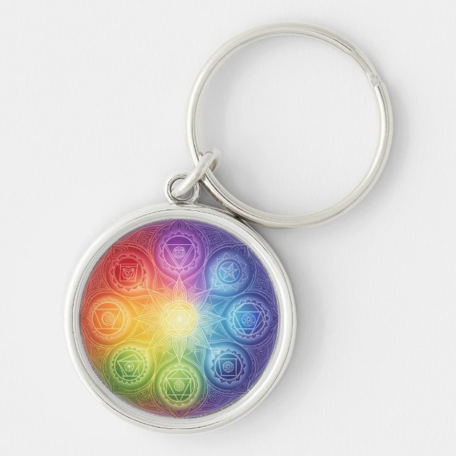 Die 7 Chakren´9 Rund Silverfärgad Nyckelring (Framsidan)