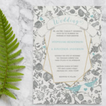 Die cut Aqua Grått Blommönster Love Bird Bröllop